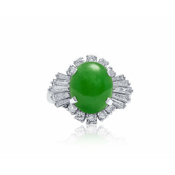 GIA certified 3.50 Carat Cabochon-cut Jade With Baguette Cut Diamonds in Platinum 900 Ring setting – Assay Jewelers