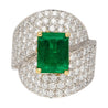 GRS Certified 2.53 Carat Vivid Green Colombian Minor Oil Emerald & Diamond Bypass Ring