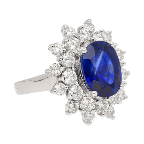 GRS Certified 5.79 Carat Oval Royal Blue Sapphire and Diamond Halo Ring