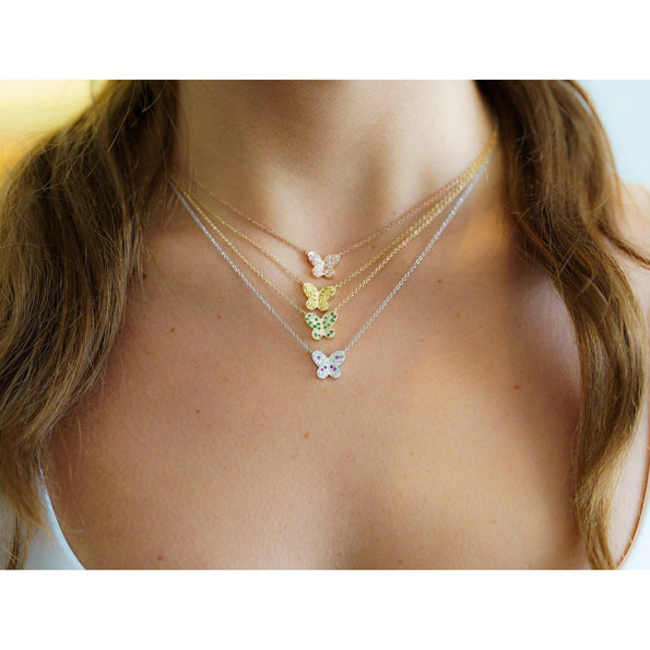 Gold Gemstone Butterfly Cluster Floating Pendant Necklace 18