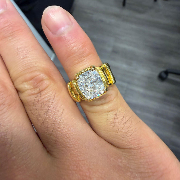 IGI 4.22 Carat Lab Cushion Diamond Misani 18K Gold Bark Texture Ring