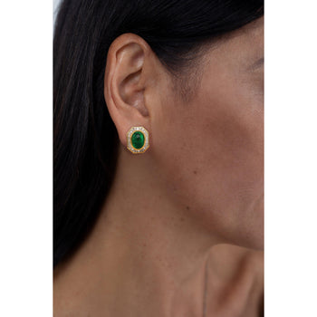 Mouawad Boucles d’oreilles clip halo en diamants baguette et émeraudes cabochon vives signées – Assay Jewelers
