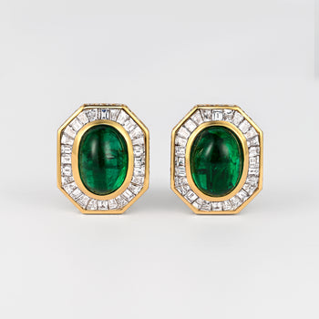Mouawad Signed Vivid Cabochon Emeralds & Baguette Diamond Halo Clip On Earrings – Assay Jewelers