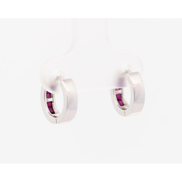 Natural 0.44 CTTW Square Cut Ruby Huggie Hoop Earrings in 14K White Gold