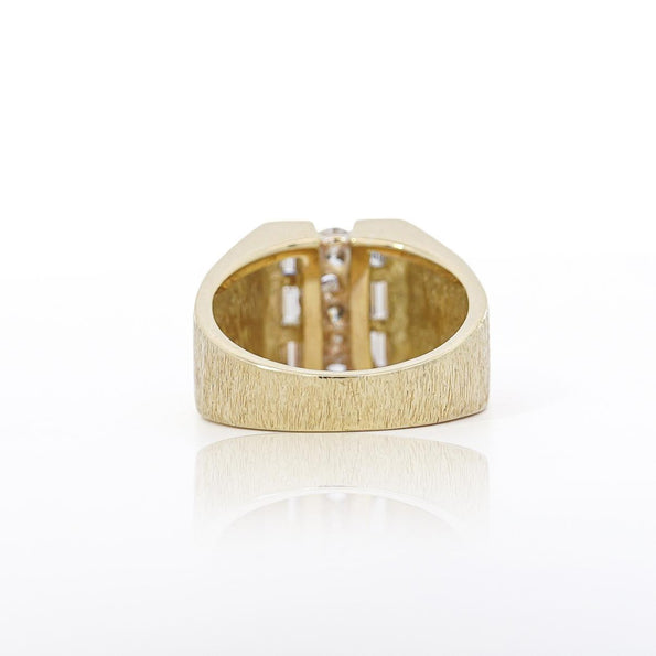 Natural 1 Carat Round & Baguette Cut Diamond in 18K Yellow Gold Matte Mens Ring