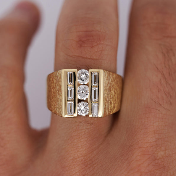 Natural 1 Carat Round & Baguette Cut Diamond in 18K Yellow Gold Matte Mens Ring