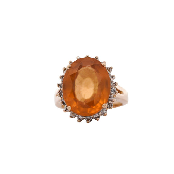 Natural 11.03 Carat Oval Spessartine Garnet Diamond Halo 14K Yellow Gold Ring