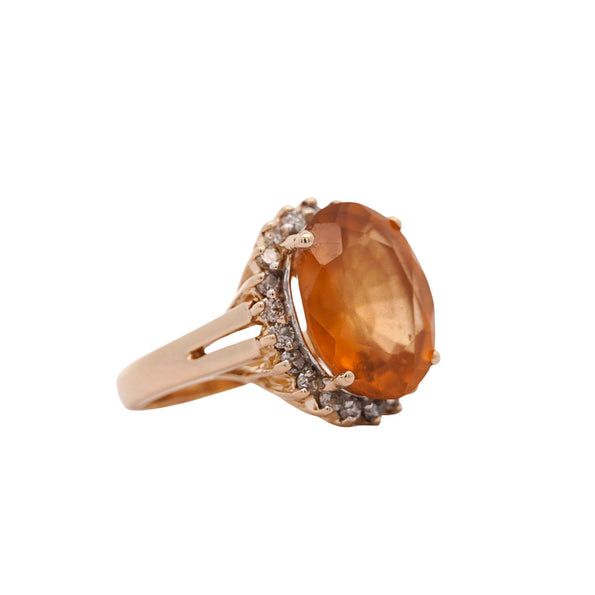 Natural 11.03 Carat Oval Spessartine Garnet Diamond Halo 14K Yellow Gold Ring
