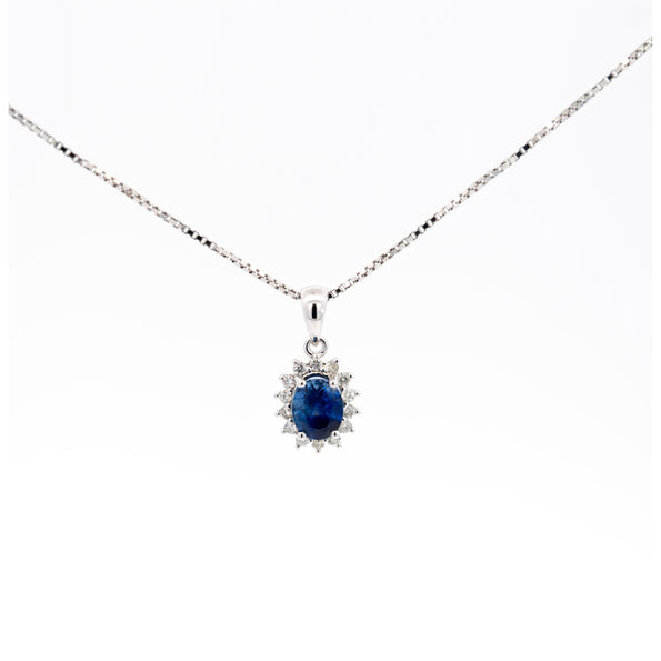 Natural 1.20 Carat Oval-Cut Blue Sapphire and Diamond Halo Pendant Necklace