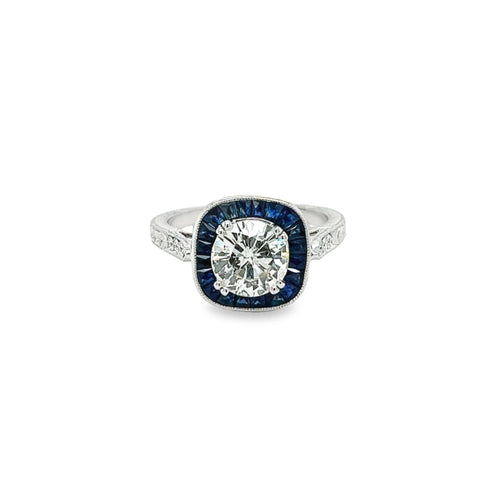 Natural 1.40 Carat Round Cut Diamond With Blue Sapphire Halo in Filigree Art Deco Ring Setting