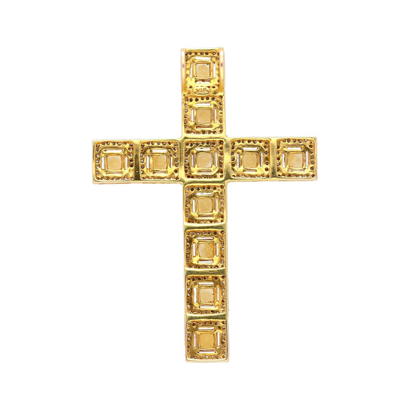 Natural 2.33 Carat Princess Cut Yellow Sapphire & Diamond Halo Cross Pendant