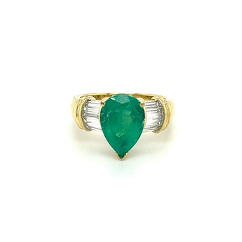 Bague en émeraude colombienne naturelle taille poire de 3,22 carats avec diamants baguette sur les côtés – Assay Jewelers