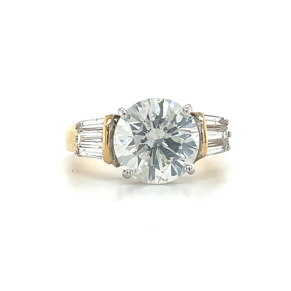 Natural 4.21 Carat Round Diamond Engagement Ring With Baguette Diamonds in Two Tone 18k Gold