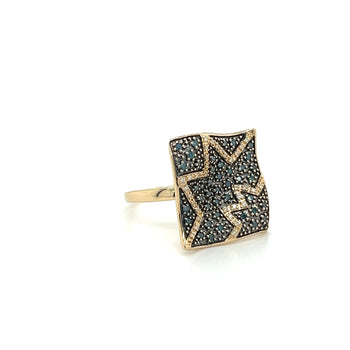 Natural Blue and White Diamond Cluster Wide Frame Flat Wavy Ring in 14K Yellow Gold – Assay Jewelers