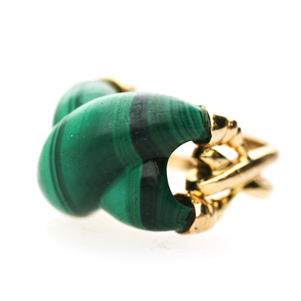 Natural Carved Malachite Quatrefoil Floral Dome Four-Prong 14K Yellow Gold Ring