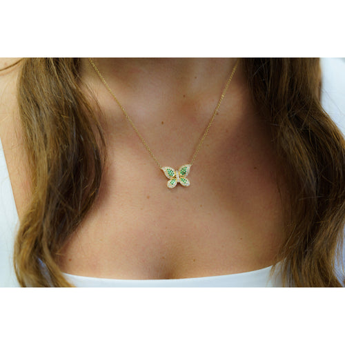 Natural Diamond and Green Tsavorite Butterfly 14K Yellow Gold Necklace