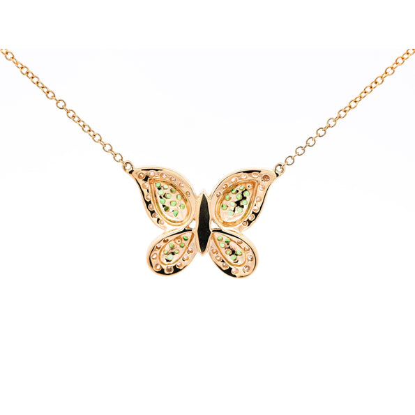 Natural Diamond and Green Tsavorite Butterfly 14K Yellow Gold Necklace