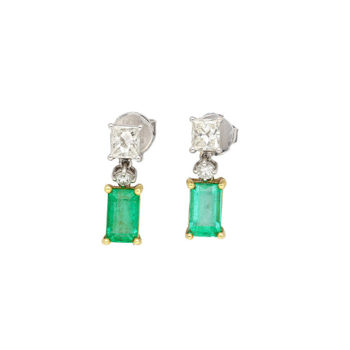 Natural Elongated Emerald and Diamond Drop Earrings in 18K Gold