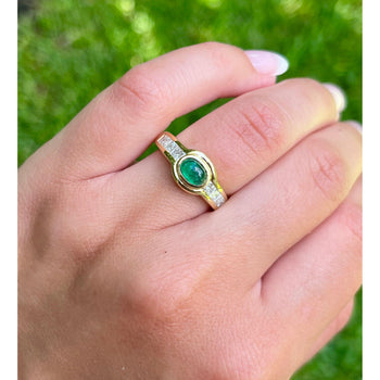 Natural Emerald Bezel Set Cabochon Cut Ring With Princess Cut Diamonds in 18K Yellow Gold – Assay Jewelers