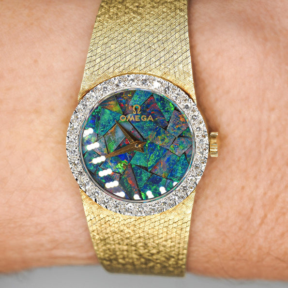 Omega 23mm Fire Black Opal Dial & Diamond Bezel 14K Gold Vintage Watch