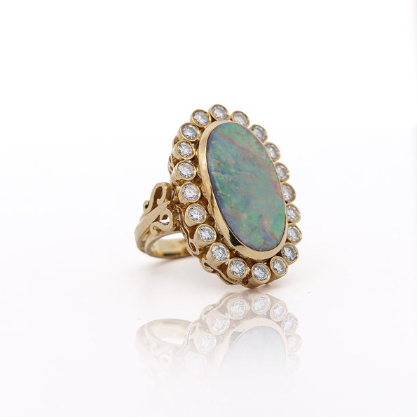 Oval Boulder Opal & 2 Carat Round Cut Diamond Halo 18K Gold Vintage Ring