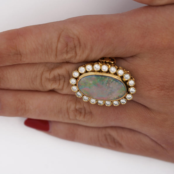 Oval Boulder Opal & 2 Carat Round Cut Diamond Halo 18K Gold Vintage Ring