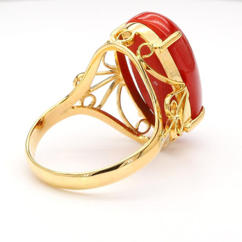 Oval Redish Orange Coral Cabochon 18K Gold Filigree Scrollwork Ring – Assay Jewelers