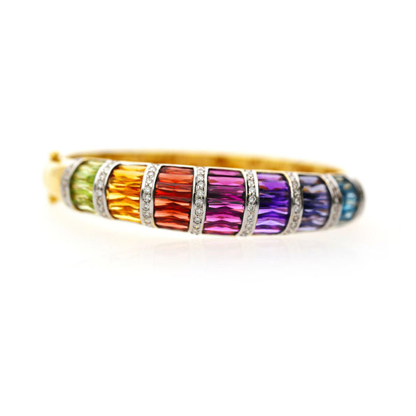 Rainbow Multi-Color Gemstone Baguette 18K Gold Band Bangle Bracelet