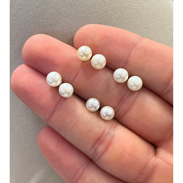 Real 6mm Japanese Cultured White Pearl Stud Earrings in 14k White Gold Plated Silver