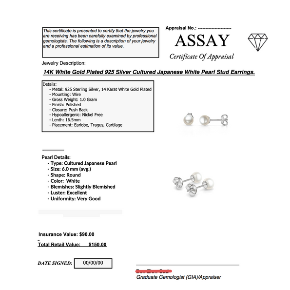 Real 6mm Japanese Cultured White Pearl Stud Earrings in 14k White Gold Plated Silver