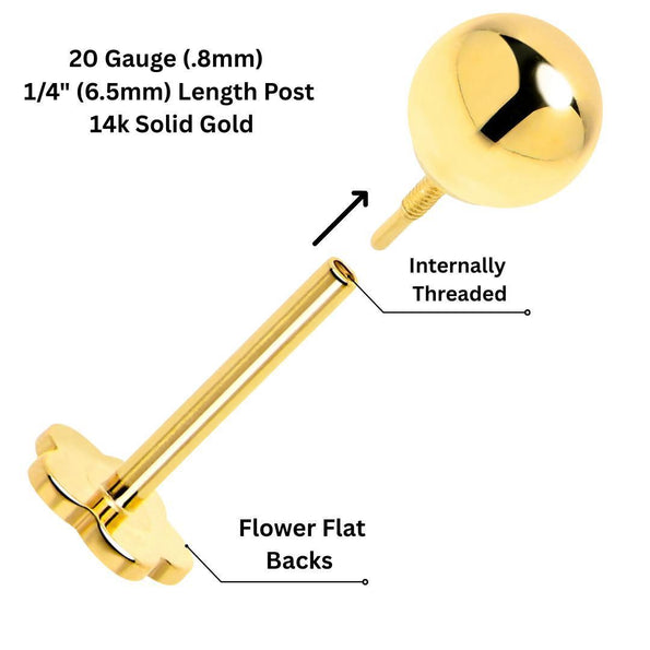Reversible 4mm 14K Gold Ball Stud & Clover Screw Back Single Stud Earring