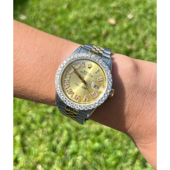 Rolex DateJust 16013 | 3 Carat Diamond Bezel and Roman Numeral Hour Marker with 36mm Dial – Assay Jewelers