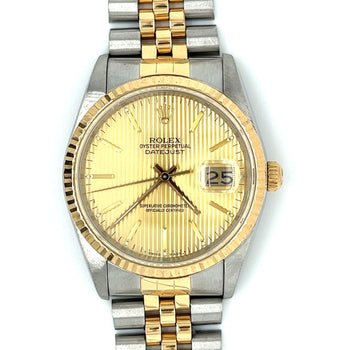 Rolex DateJust 36MM Champagne Tapestry Fluted Dial & Bezel in Two-Tone 18K And Stainless Steel With Jubilee Bracelet and Date and Rolex Box – Assay Jewelers