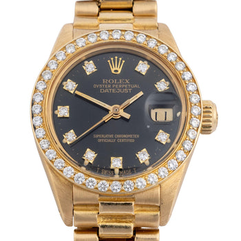 Rolex Datejust 6917 26mm 18K Gold President Diamond Bezel Black Dial Watch – Assay Jewelers