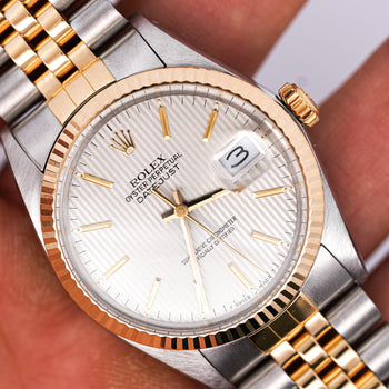 Rolex Datejust Silver Tapestry Dial 2 Tone Jubilee 36mm 16013 Watch Box/Papers – Assay Jewelers