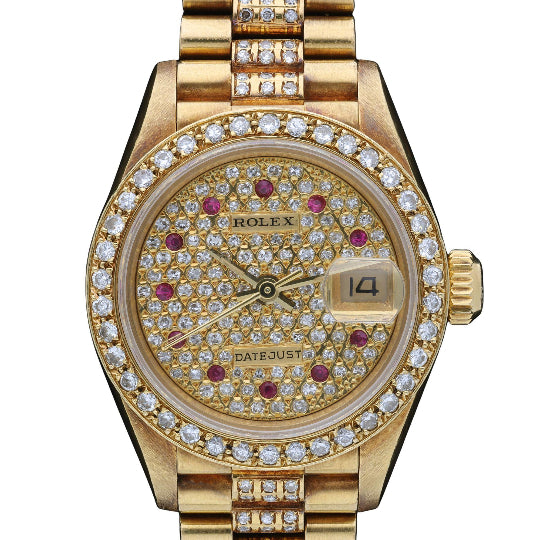 Rolex Lady Datejust 26mm 18K Yellow Gold Diamond Ruby Pave Dial President Watch