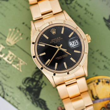 Rolex OP Date 1501 34mm 18K Gold Black Gloss Dial Watch – Assay Jewelers