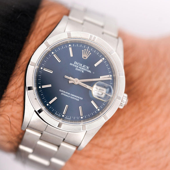 Rolex OP Date 15210 Steel Blue Dial Engine Turned Bezel Watch