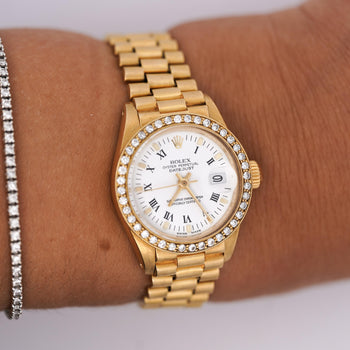 Rolex OP DateJust Presidential White Face 26mm Diamond Bezel 18K Gold Watch – Assay Jewelers