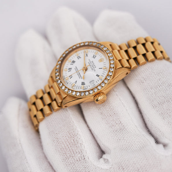 Rolex OP DateJust Presidential White Face 26mm Diamond Bezel 18K Gold Watch