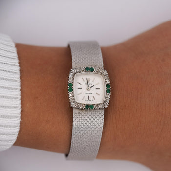 Rolex Precision Emerald & Diamond Bezel 18K White Gold Frosted Bracelet Watch – Assay Jewelers