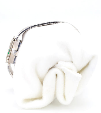 Rolex Precision Emerald & Diamond Bezel 18K White Gold Frosted Bracelet Watch – Assay Jewelers