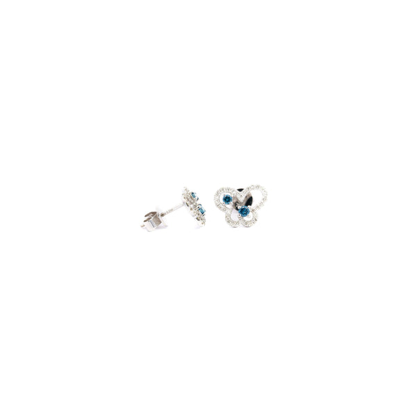 Round Cut Blue and White Diamond Butterfly Outline Stud Earrings