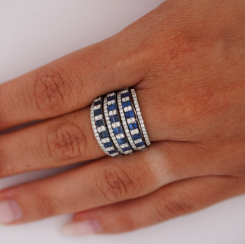 3 Carat Sapphire and Diamond 18K White Gold 3 Row Wide Band Ring – Assay Jewelers
