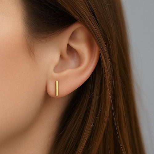 Thin 14K Gold Bar 10mm Stud Earrings On Push Backs