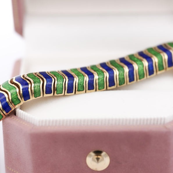 Tiffany & Co Green and Blue Enamel in 18K Yellow Gold Vintage Bracelet