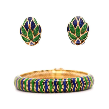 Tiffany & Co. 18K Gold Green and Blue Enamel Earring and Bracelet Set – Assay Jewelers