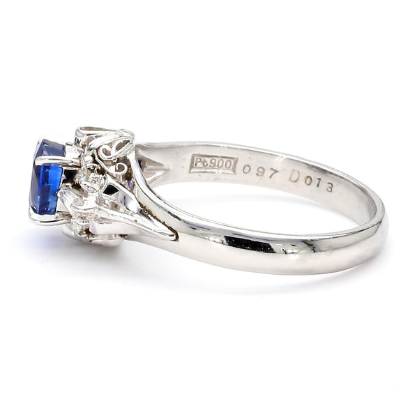 Vintage 0.97 Carat Oval Blue Sapphire & Diamond Filigree in Platinum Floral Ring