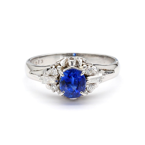Vintage 0.97 Carat Oval Blue Sapphire & Diamond Filigree in Platinum Floral Ring