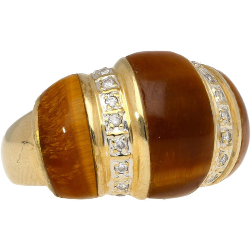 Vintage 14K Yellow Gold Tigers Eye & Diamond Dome Ring